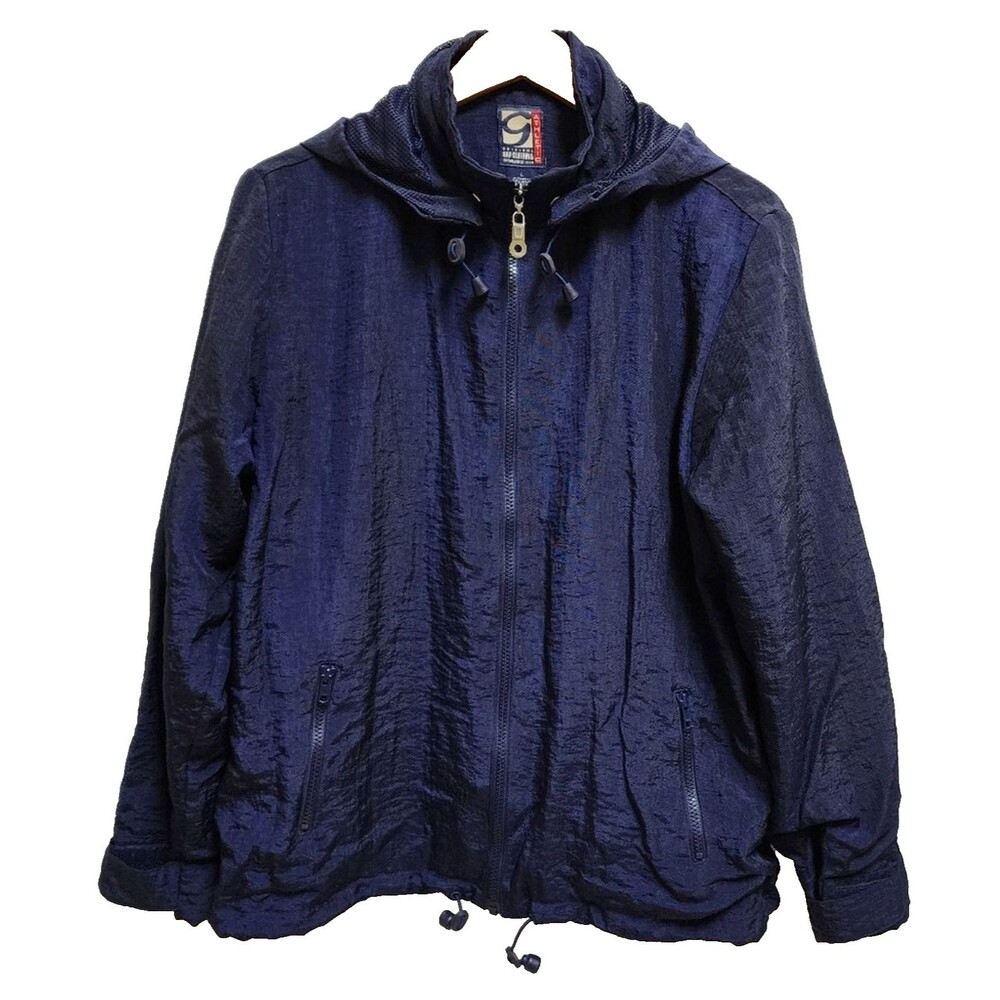 Vintage Gap Womens Windbreaker Jacket Hooded Zip Blue Crinkle Size L Outdoor Y2K